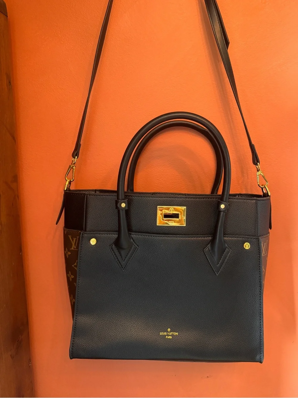 Louis Vuitton Black Leather Satchel with Monogram Side Panels and Gold Hardware